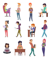 Reading characters. People knowledge student with books learn in library study school vector illustrations. Student character with books, people reading literature
