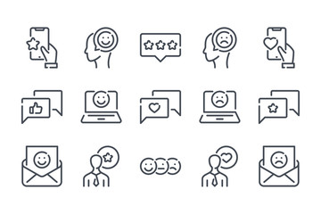 Testimonials related line icon set. Feedback linear icons. Review and  survey outline vector sign collection.