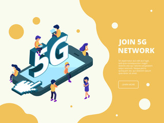 5g isometric. Smartphone broadcasting characters male female people gadgets connecting to 5g telecommunications digital vector concept. Illustration of smartphone isometric with 5g network technology