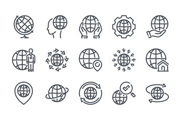 Globe related line icon set. World map linear icons. Earth and location outline vector sign collection.