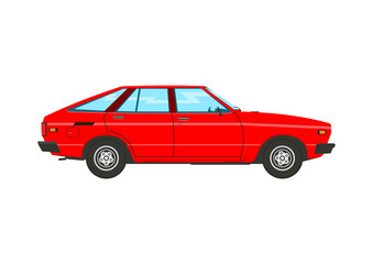 Classic car from the eighties. Side view of a vintage car. Flat vector.
