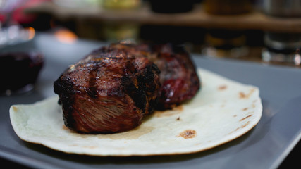 Juicy pieces of meat. steak on pita bread. Photos for the restaurant menu