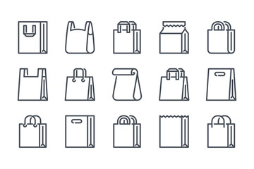 Shopping bag related line icon set. Paper market bag linear icons. Grocery bag outline vector signs and symbols collection. - obrazy, fototapety, plakaty