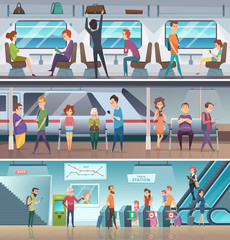 Subway entrance. Urban metro exit electronic steps platform station city fast transport vector cartoon background. Train passenger, railway underground platform, public transport subway illustration