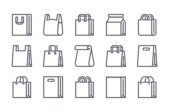 Shopping bag related line icon set. Paper market bag linear icons. Grocery bag outline vector signs and symbols collection.