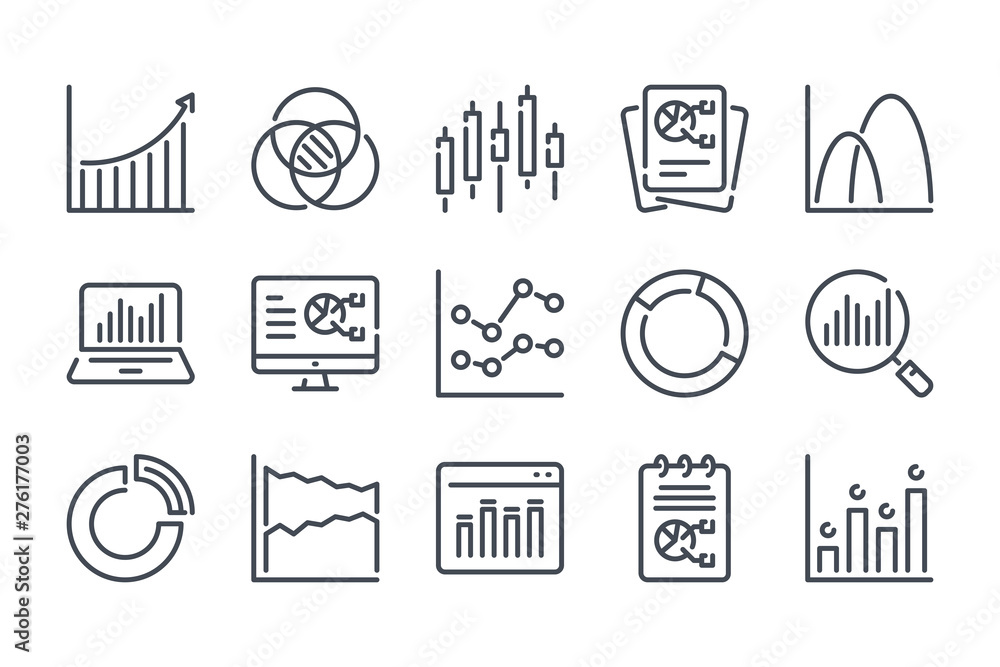 Poster chart and graph related line icon set. analytics linear icons. report outline vector sign collection