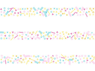 Small 90s style bauhaus pink cyan yellow decor confetti falling on white.