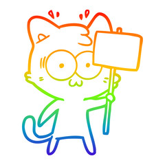 rainbow gradient line drawing cartoon surprised cat waving sign