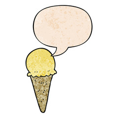 cartoon ice cream and speech bubble in retro texture style