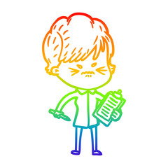 rainbow gradient line drawing cartoon frustrated woman