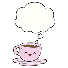 cartoon hot cup of coffee and thought bubble