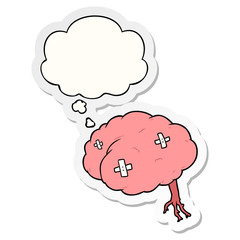 cartoon injured brain and thought bubble as a printed sticker