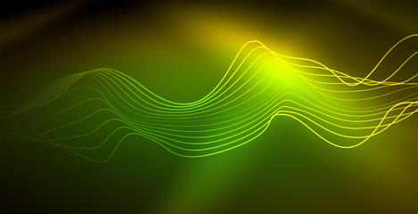 Glowing abstract wave on dark, shiny motion, magic space light. Techno abstract background