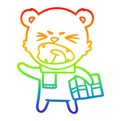 rainbow gradient line drawing angry cartoon polar bear with christmas present