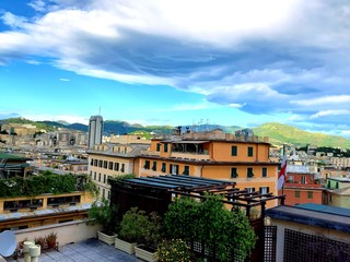 Fototapeta premium Liguria, Italy - 06/24/2019: An amazing caption of some modern buildings around italy with some details to the type of construction materials in colours, black and white