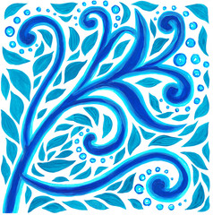 Beautiful blue branching abstract square shape pattern isolated on white background. Made with acrylics painted by hand.
