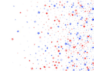 Flying red blue white star sparkles on white vector american patriotic background.