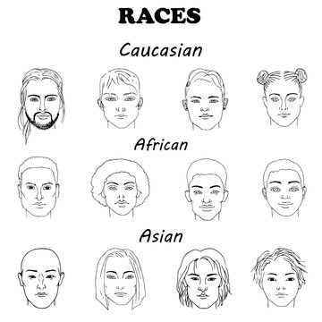 Hand-drawn sketching set of black-and-white portraits of people of different races with different hairstyles.