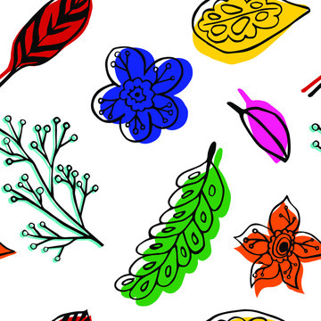 Seamless pattern with flowers and leaves with a black outline and colored shadow isolated on white background. Doodle style. EPS10 Bright juicy colors: yellow, orange, red, blue, green, 