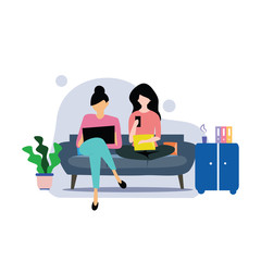 A girl sitting on the sofa works on the laptop. Vector flat illustration.template, cartoon style