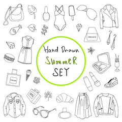 Hand drawn summer clothes, snacks and accessories doodles.Perfume,lipstick,mirror,bag,purse, pillow, glasses,earrings,ice cream,nail polish,croissant, skirt, jacket, flowers, ice cream, cocktail.EPS10