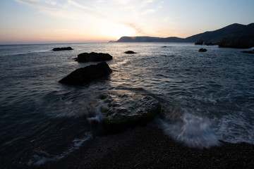 Sunset on the Black Sea with the sun. Georgia, Abkhazia.