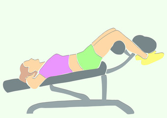 Sporty woman pumps the abdominals on inclined bench. ABC exercise. Fitness concept abstract colorful illustration. Vector sport cartoon. Applique or paper cut style.