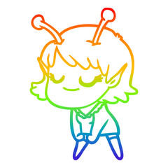 rainbow gradient line drawing smiling alien girl cartoon