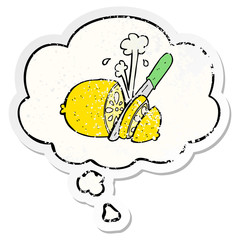 cartoon sliced lemon and thought bubble as a distressed worn sticker