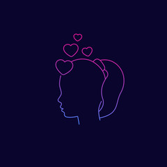 Girl head with hearts, affection or passion icon, linear