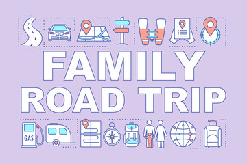 Family road trip word concepts banner. Time together. Hometown trip with children. Outdoor activity. Presentation, website. Isolated lettering typography idea, linear icon. Vector outline illustration
