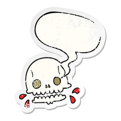cartoon spooky skull and speech bubble distressed sticker