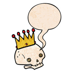 cartoon skull and crown and speech bubble in retro texture style
