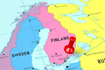 Obraz premium Finland, Helsinki - capital city, pinned on political map