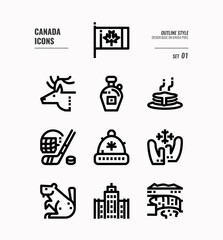 Canada line icon set 1. Include Canada flag, Maple syrup, niagara fall, hockey animal and more. Outline icons Design. vector
