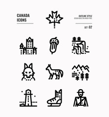 Canada line icon set 2. Include Canada landmark, Maple leaf, landscape, red fox and more. Outline icons Design. vector