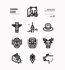 Canada line icon set 3. Include Canada map, aboriginal, bear and more. Outline icons Design. vector