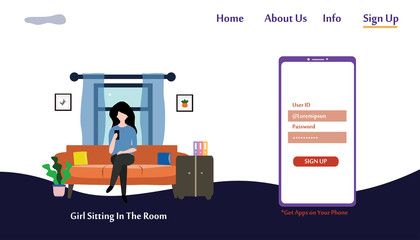 A girl sitting on the sofa playing with smartphone. Vector flat illustration.landing page template, cartoon style