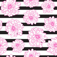 Vector seamless pattern of peony flowers on black strips, hand drawn illustration