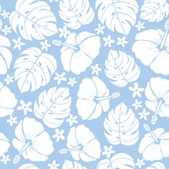 Seamless pattern hibiscus and tropical plants, exotic monstera leaves illustration