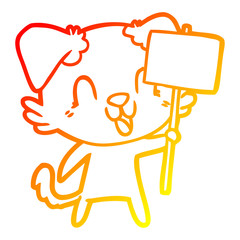 warm gradient line drawing laughing cartoon dog with sign