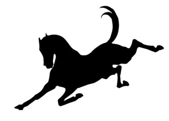 vector - isolated black silhouette of a galloping kicking horse on a white background 