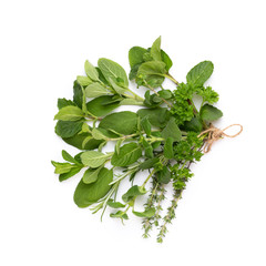 Spice herbal leaves and chili pepper on white background. Vegetables pattern. Floral and vegetables on white background. Top view, flat lay.