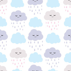 Seamless pattern with smiling, sleeping raining clouds vector illustration
