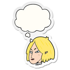 cartoon woman and thought bubble as a printed sticker