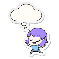 carton happy elf girl dancing and thought bubble as a printed sticker