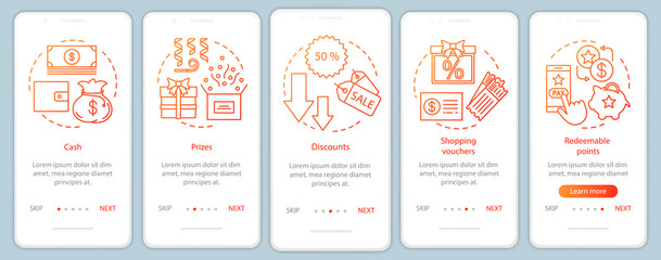 Referral rewards onboarding mobile app page screen with linear concepts. Walkthrough steps graphic instructions. Cash, prizes, discounts. UX, UI, GUI vector template with illustrations