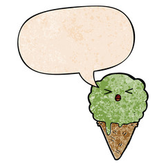 cartoon ice cream and speech bubble in retro texture style