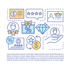 Fototapeta premium Referral marketing program article page vector template. Loyalty program. Brochure, magazine, booklet design element with linear icons and text boxes. Print design. Concept illustrations with text