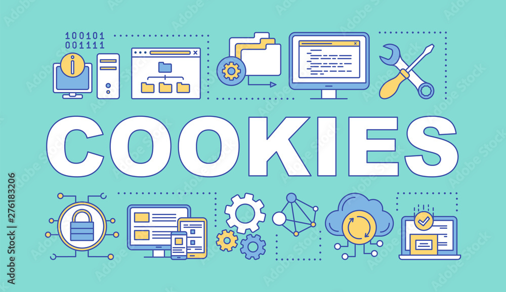 Poster cookies word concepts banner. affiliate and referral tracking software. computing, data storage. pre